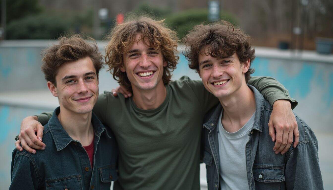 Young men try new skate tricks, showing boldness and status moves. Young men try new skate tricks, showing boldness and status moves.
