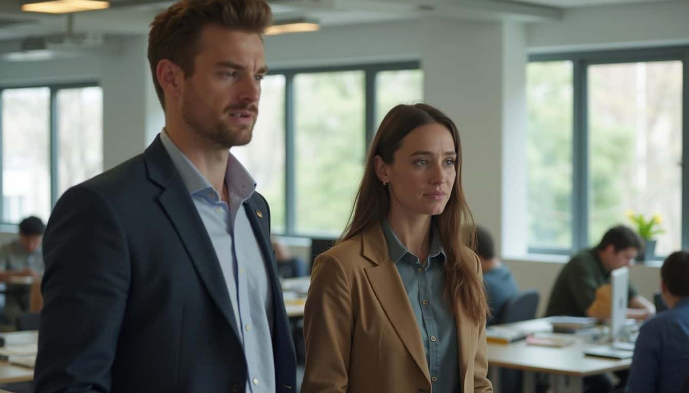 Two coworkers show different levels of confidence as they discuss a plan. Two coworkers show different levels of confidence as they discuss a plan.
