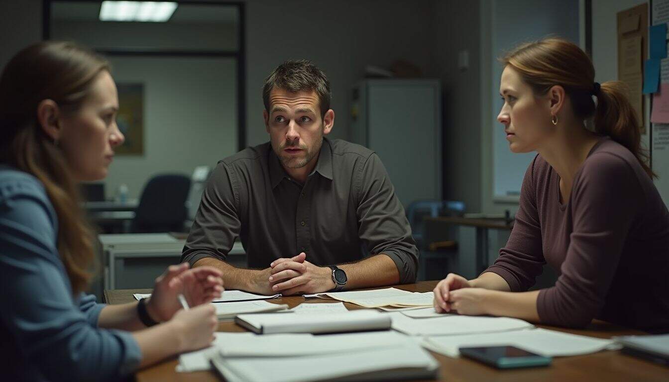 Colleagues discuss raises and promotions in a small office meeting. Colleagues discuss raises and promotions in a small office meeting.