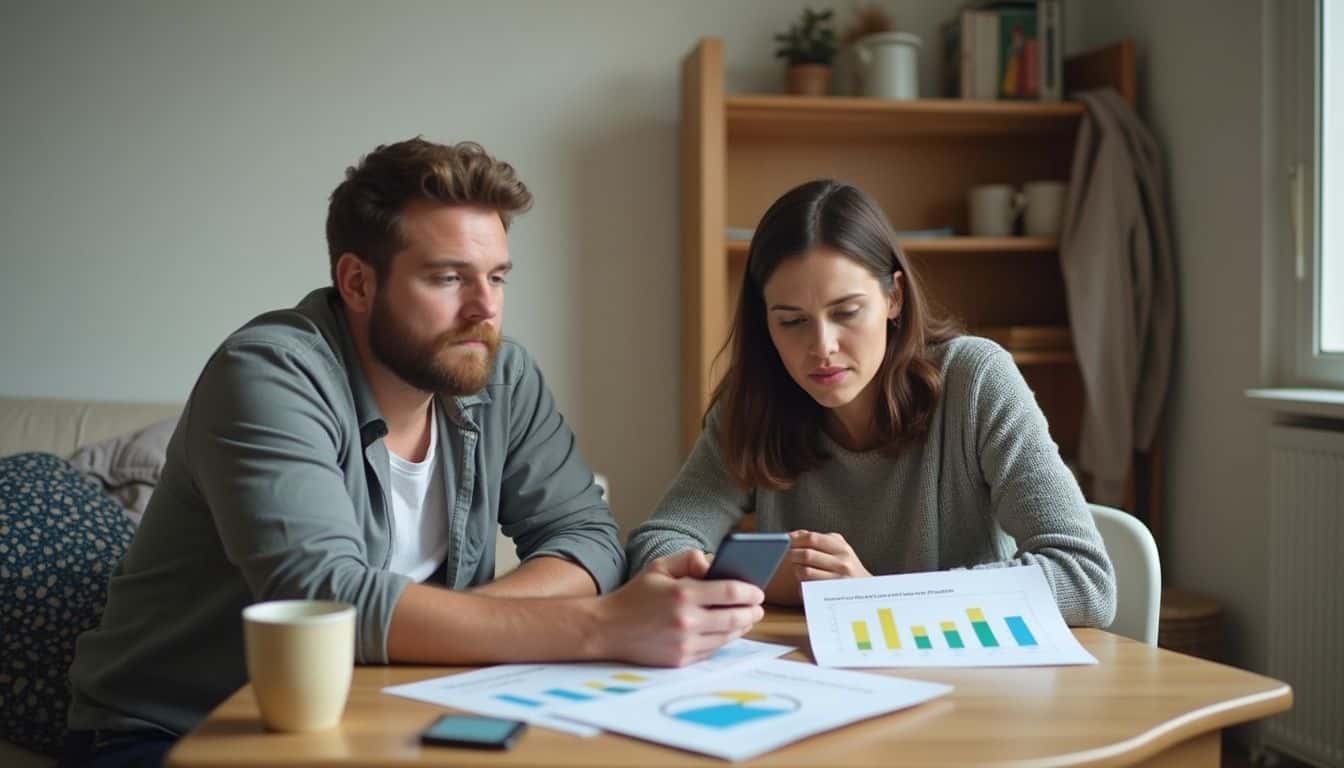 A couple reviews bills and statements, comparing safer and riskier options. A couple reviews bills and statements, comparing safer and riskier options.