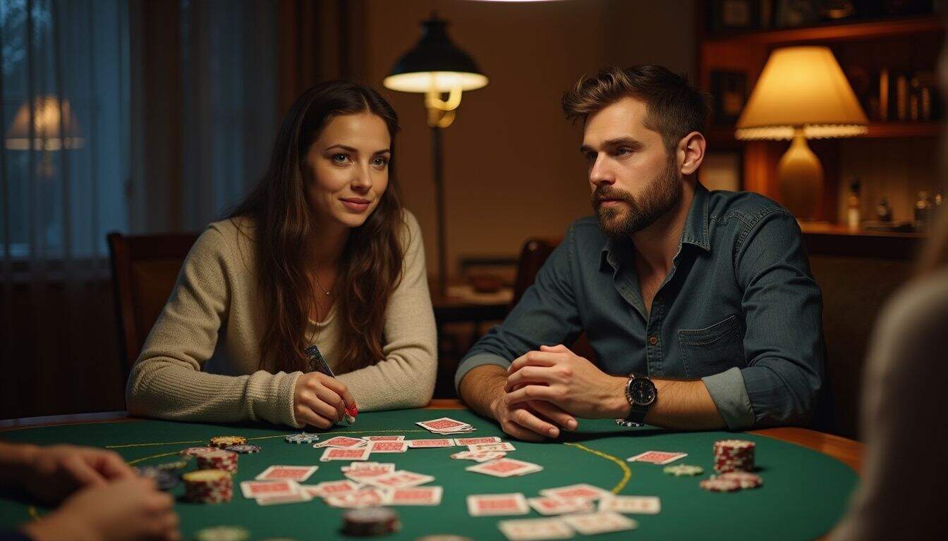 Two friends play cards under pressure, deciding whether to bet big or fold. Two friends play cards under pressure, deciding whether to bet big or fold.