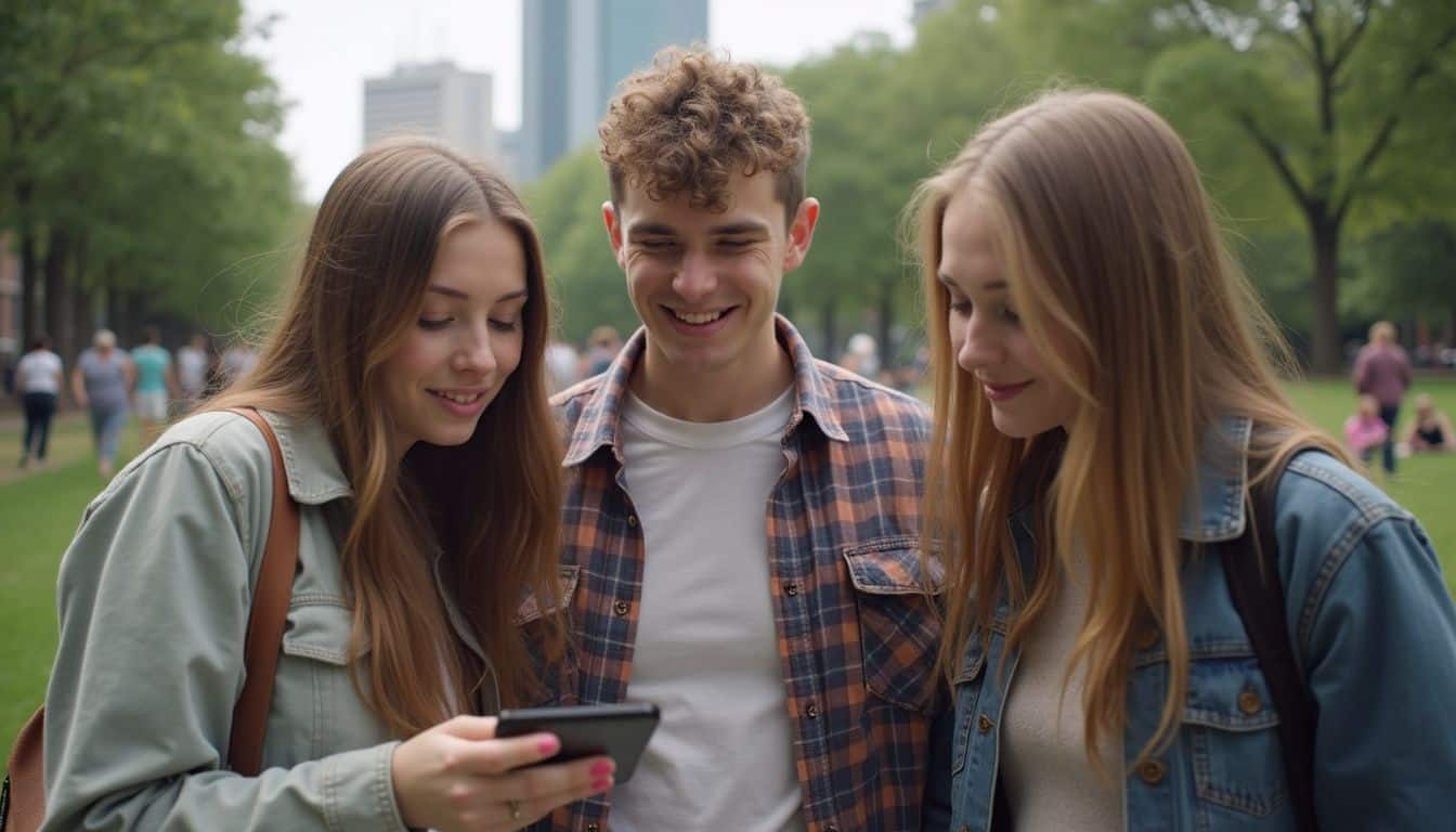 Friends relax in a city park, showing a new generation’s shared outlook. Friends relax in a city park, showing a new generation’s shared outlook.