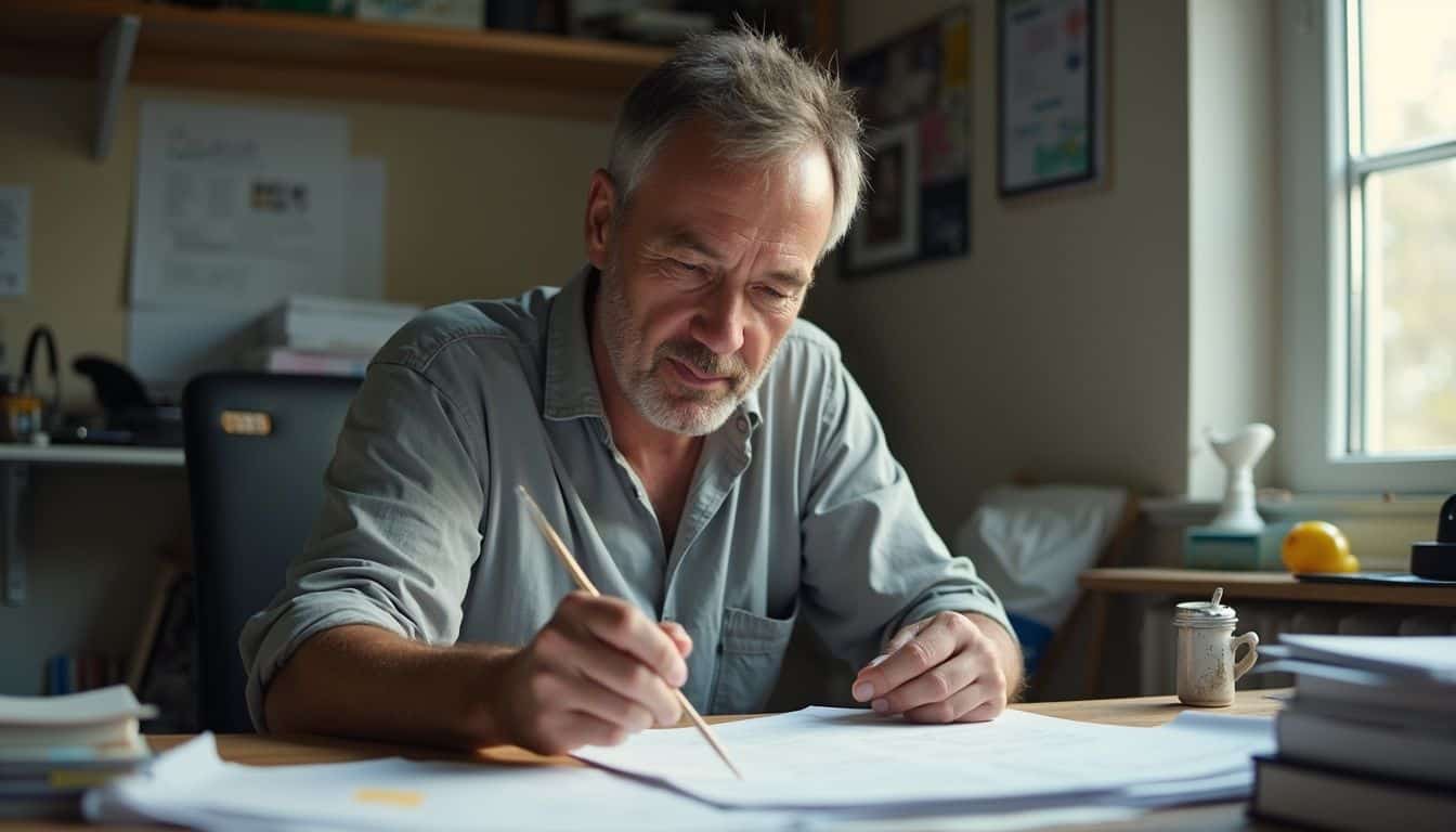 A worker weighs upside and downside at a paper-filled desk. A worker weighs upside and downside at a paper-filled desk.