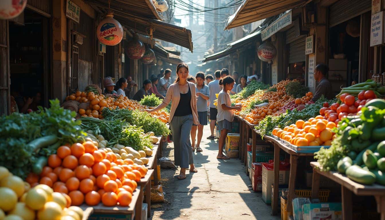 A lively neighborhood market highlights how culture shapes daily choices. A lively neighborhood market highlights how culture shapes daily choices.