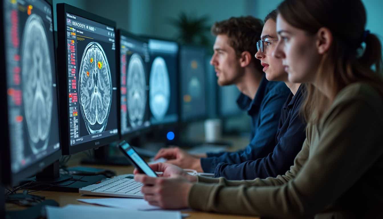 A lab screen shows brain scans during a risk task while researchers observe. A lab screen shows brain scans during a risk task while researchers observe.