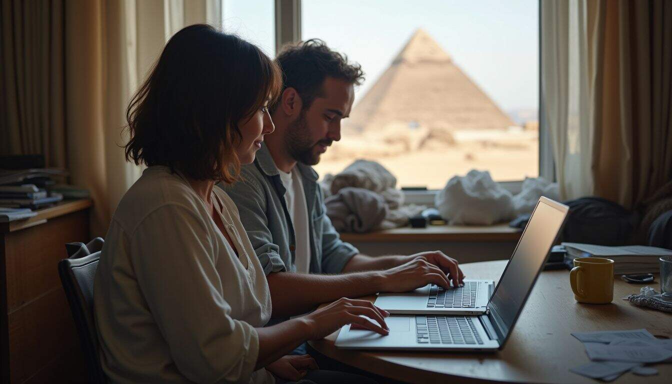 Two travelers discussing hotel options in a small room with bags and notebooks. Two travelers discussing hotel options in a small room with bags and notebooks.