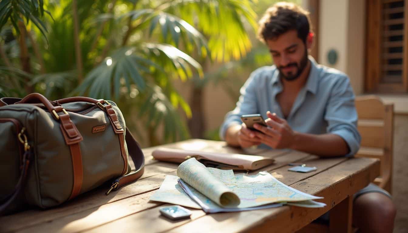 Wooden table with a worn travel bag, wallet, and a traveler preparing gear. Wooden table with a worn travel bag, wallet, and a traveler preparing gear.