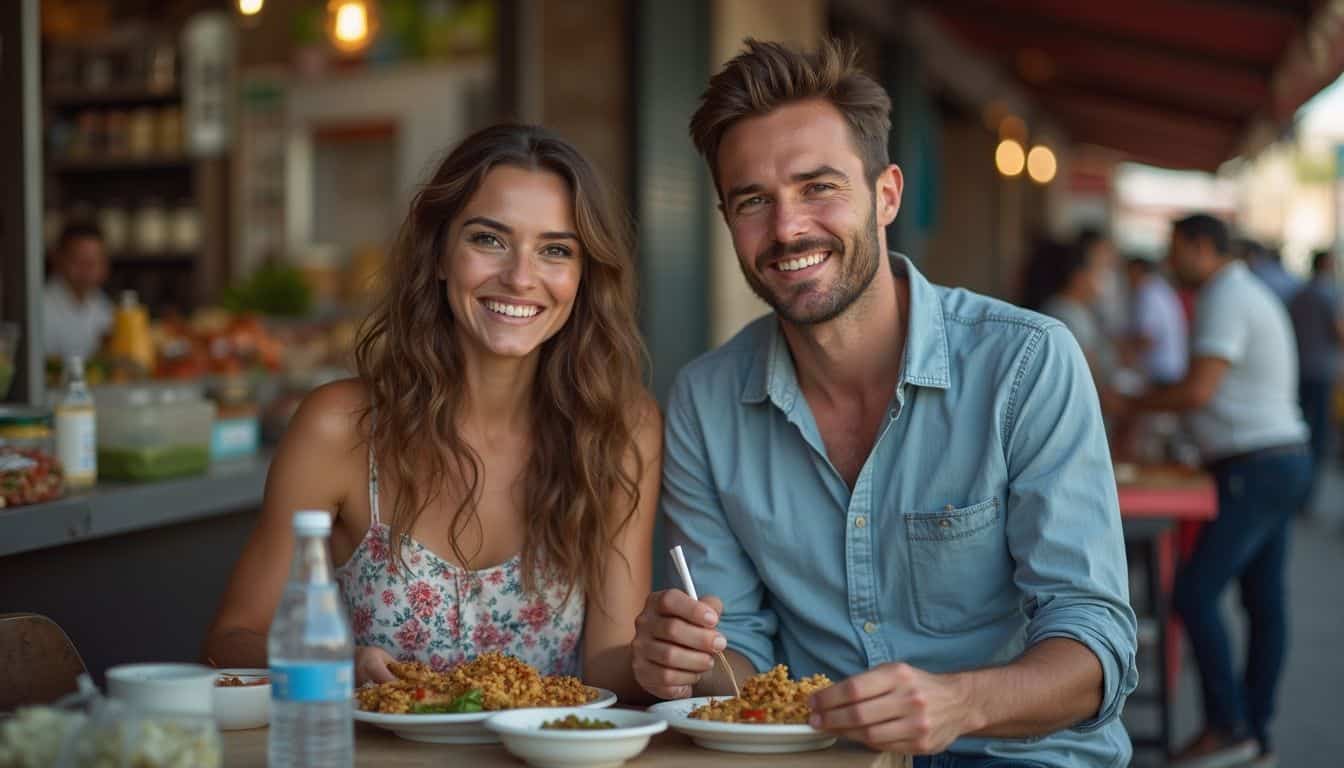 Two travelers sharing street food at a busy market stall. Two travelers sharing street food at a busy market stall.