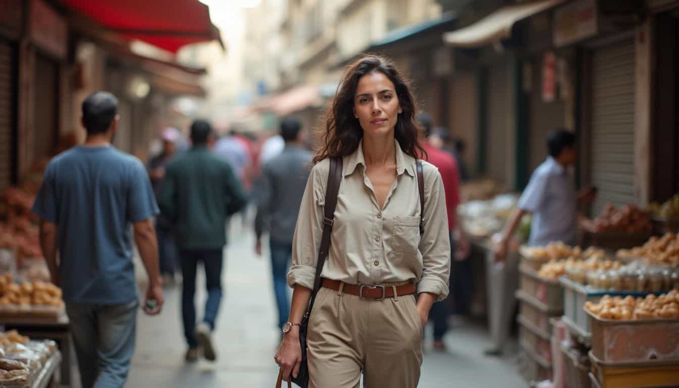 Traveler carrying a shoulder bag through a crowded Cairo market. Traveler carrying a shoulder bag through a crowded Cairo market.