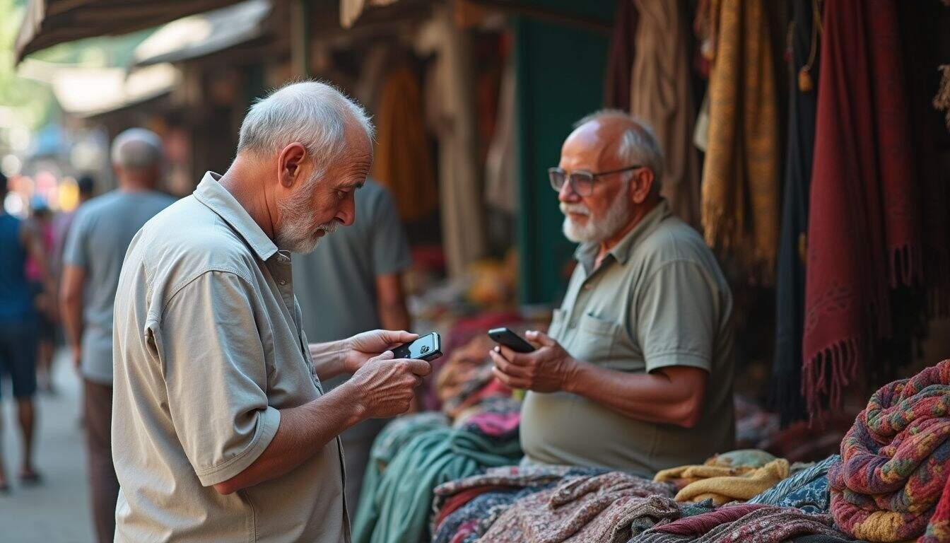 Shopper bargaining with a market vendor among handmade goods. Shopper bargaining with a market vendor among handmade goods.
