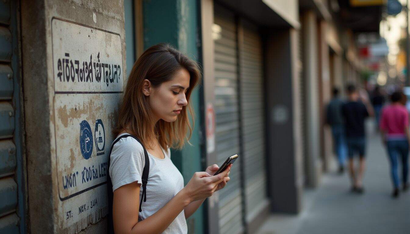 Traveler checking a phone near a worn Arabic street sign on a busy road.