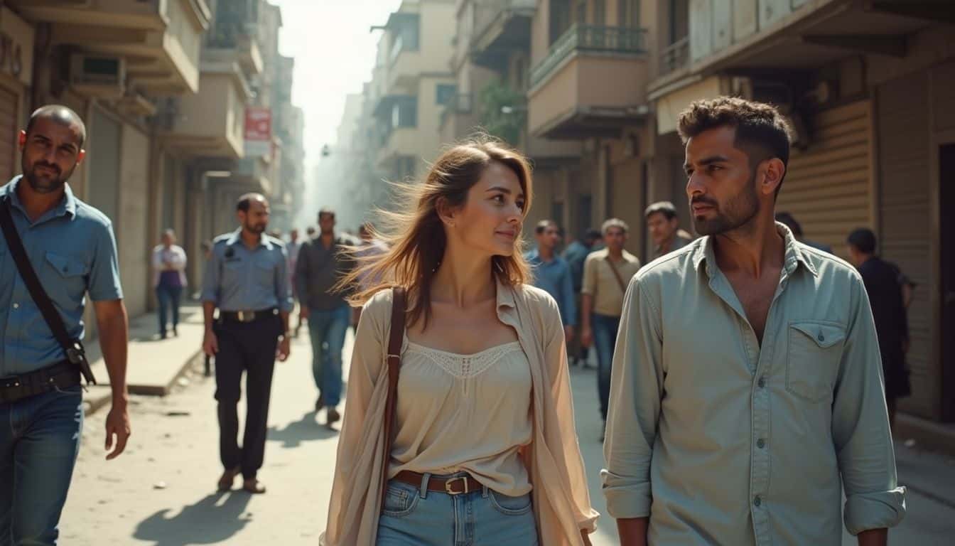 Two travelers walking through a busy Cairo street with shops and traffic. Two travelers walking through a busy Cairo street with shops and traffic.