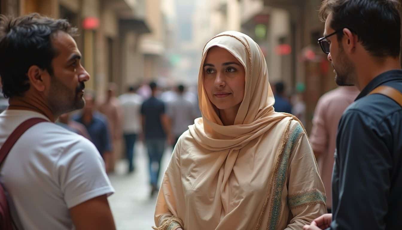 Traveler listening to a local guide in a lively Cairo market. Traveler listening to a local guide in a lively Cairo market.