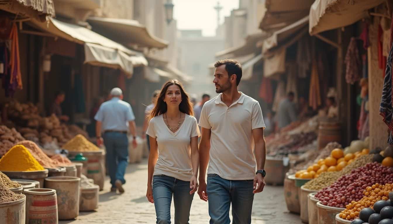 Two people strolling through a market filled with spices, fabrics, and fruit stands. Two people strolling through a market filled with spices, fabrics, and fruit stands.