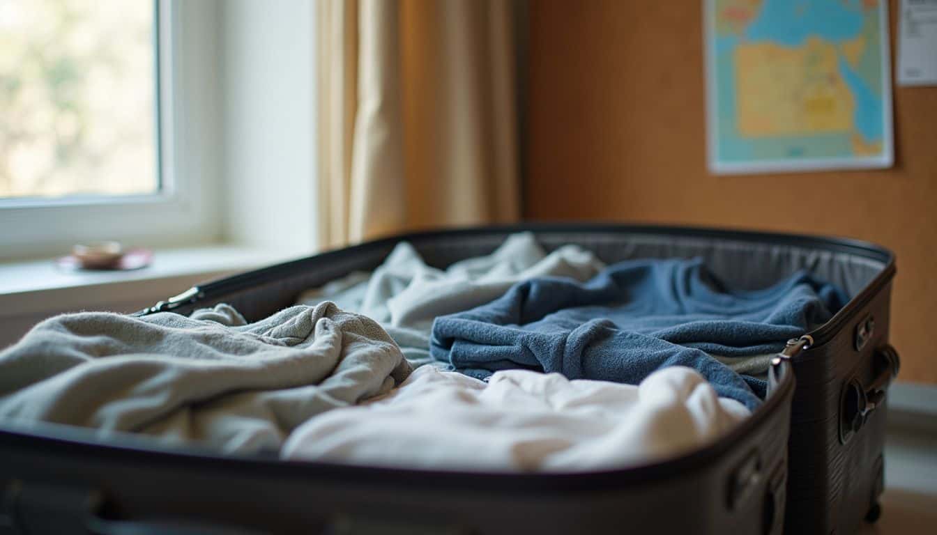 Open suitcase with casual clothes beside a board showing an Egypt map and brochures. Open suitcase with casual clothes beside a board showing an Egypt map and brochures.