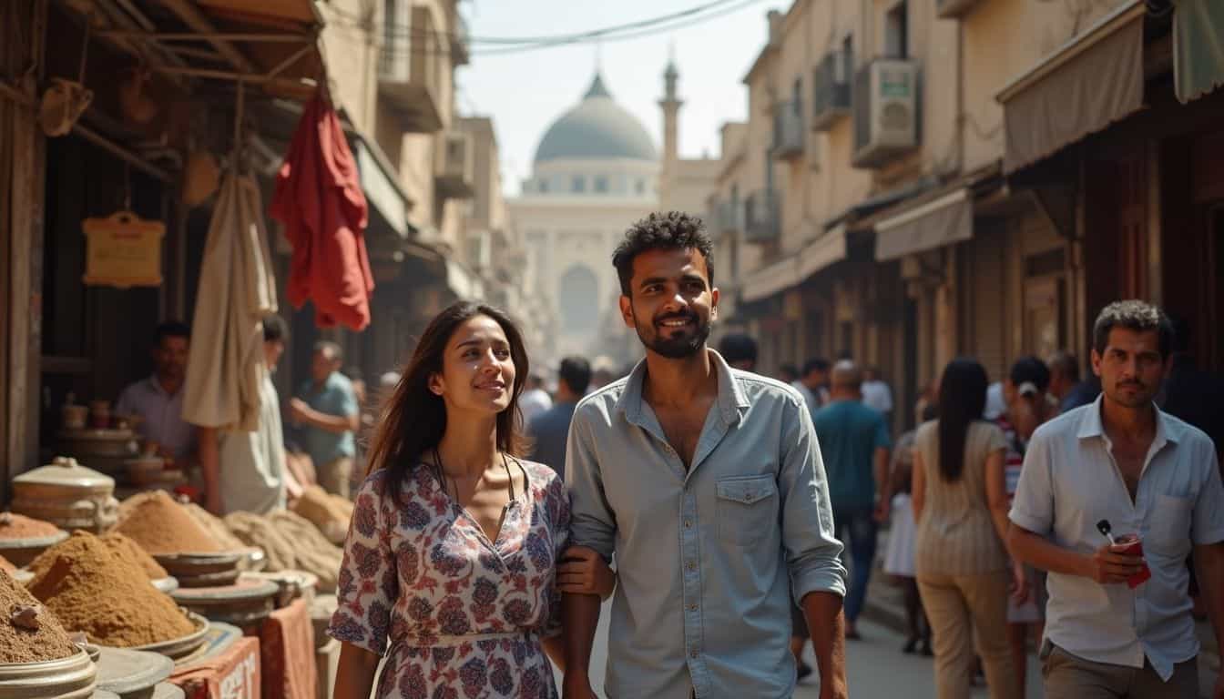 Couple walking through a lively Cairo market lined with stalls and shoppers. Couple walking through a lively Cairo market lined with stalls and shoppers.