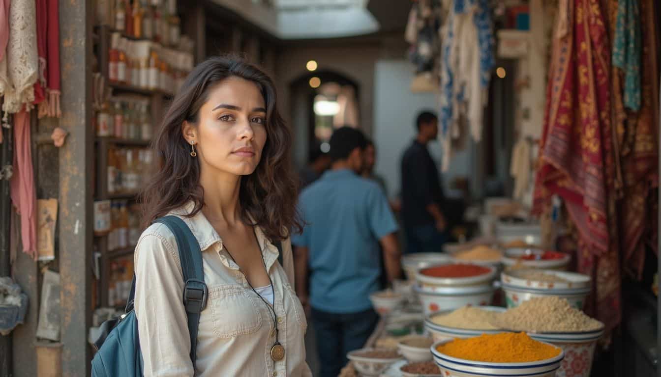 Traveler pausing at a small insurance kiosk in a busy Egyptian market. Traveler pausing at a small insurance kiosk in a busy Egyptian market.