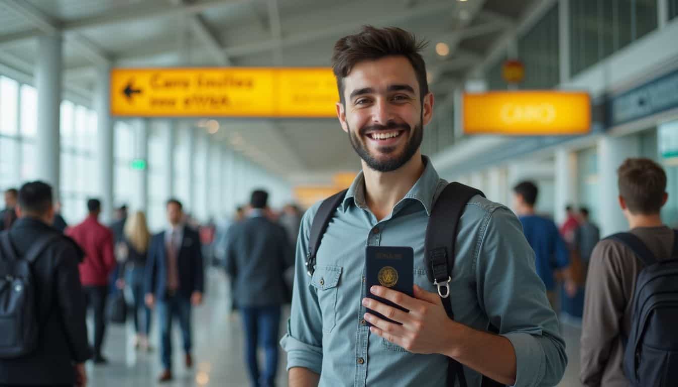 Traveler at an airport holding a passport and showing an approved eVisa on a phone. Traveler at an airport holding a passport and showing an approved eVisa on a phone.