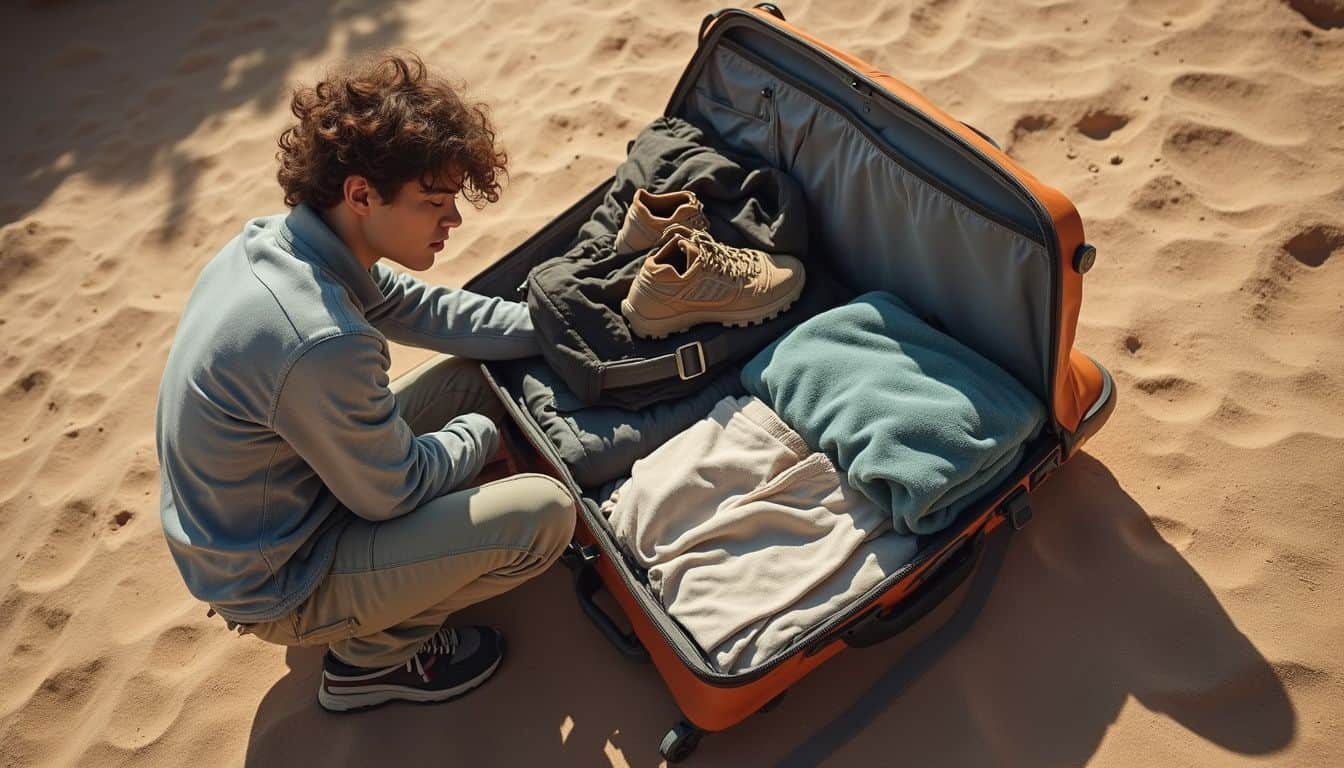 Open suitcase with casual clothes on sand and a relaxed traveler nearby. Open suitcase with casual clothes on sand and a relaxed traveler nearby.