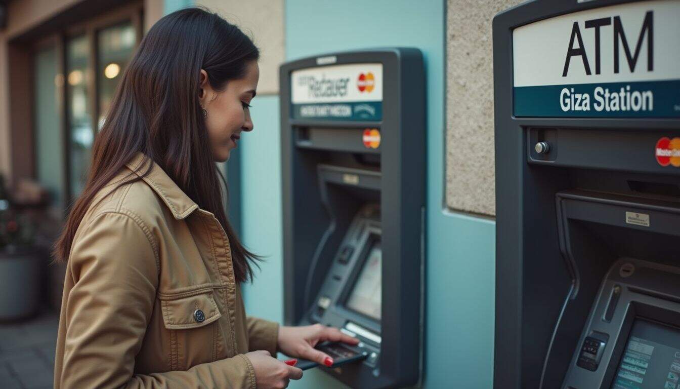 Traveler using an ATM outside a station near Giza during daylight. Traveler using an ATM outside a station near Giza during daylight.