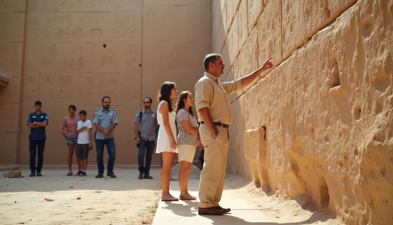 Certified guide pointing out hieroglyphs to tourists with police nearby. Certified guide pointing out hieroglyphs to tourists with police nearby.