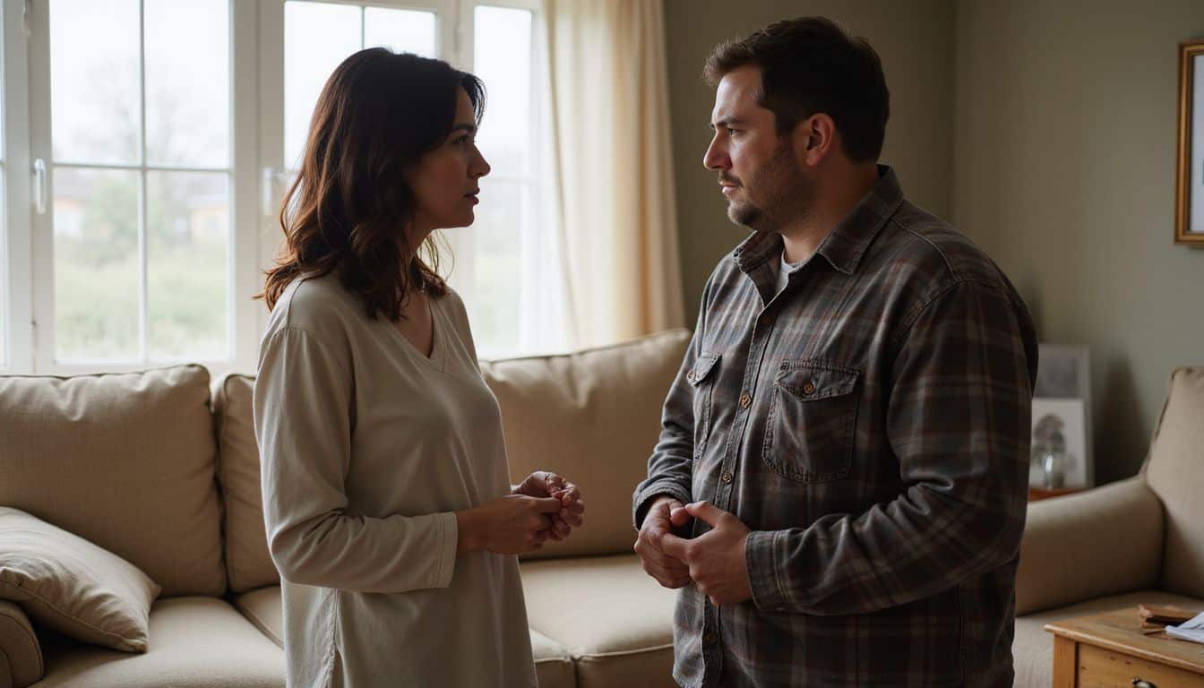 A couple in their mid-30s stands in a living room, expressing worry and frustration during a tense conversation. A couple in their mid-30s stands in a living room, expressing worry and frustration during a tense conversation.