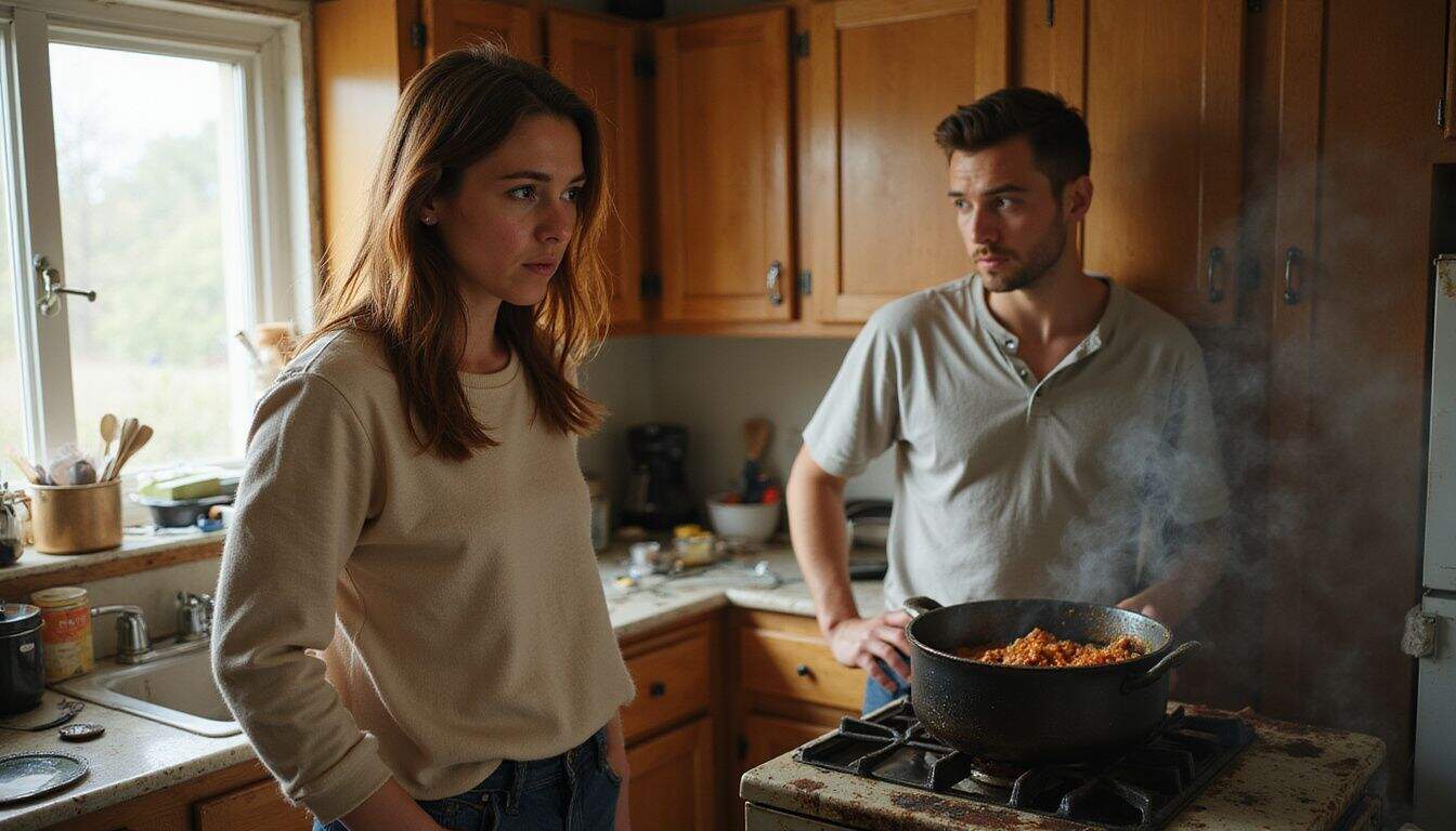A frustrated woman stands in a cluttered kitchen while a puzzled man looks on, amid a smoking pot on the stove. A frustrated woman stands in a cluttered kitchen while a puzzled man looks on, amid a smoking pot on the stove.
