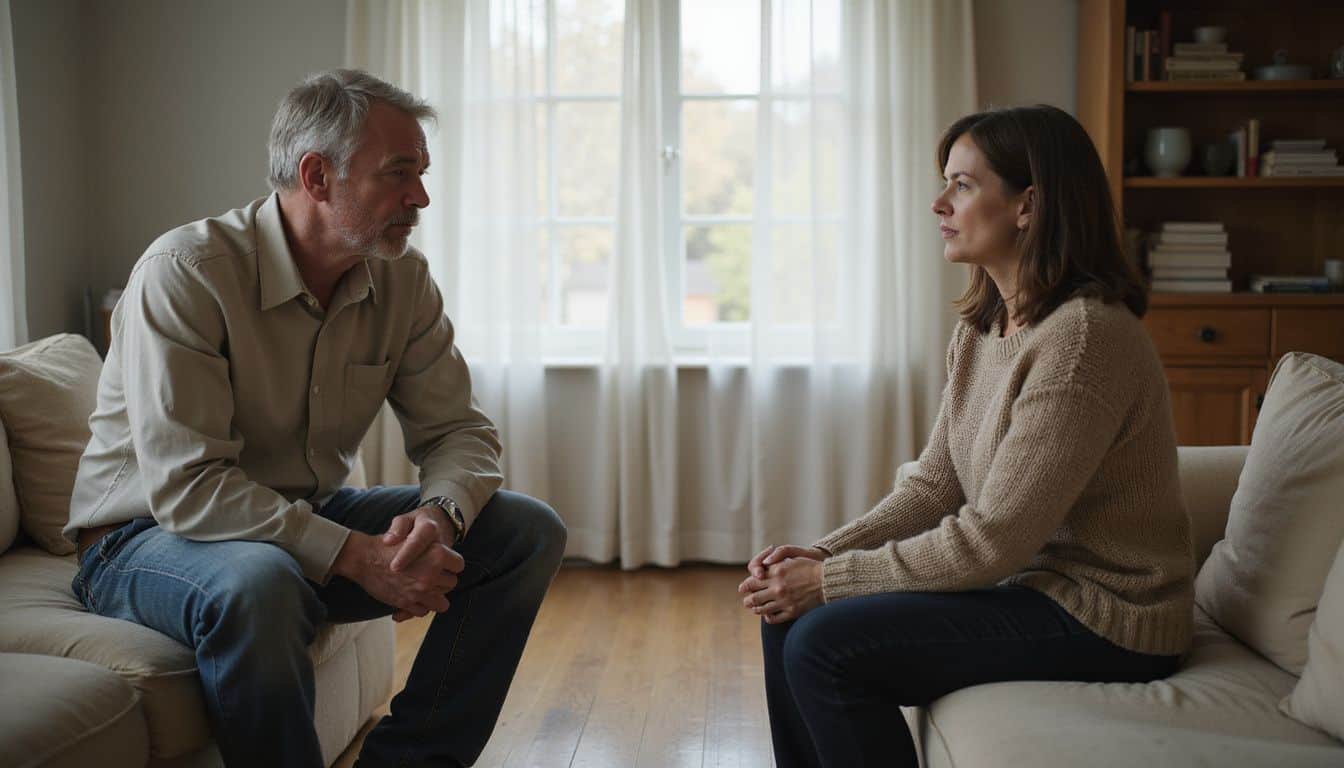 A middle-aged couple sits in silence, conveying deep emotional tension and unresolved feelings in their living room. A middle-aged couple sits in silence, conveying deep emotional tension and unresolved feelings in their living room.