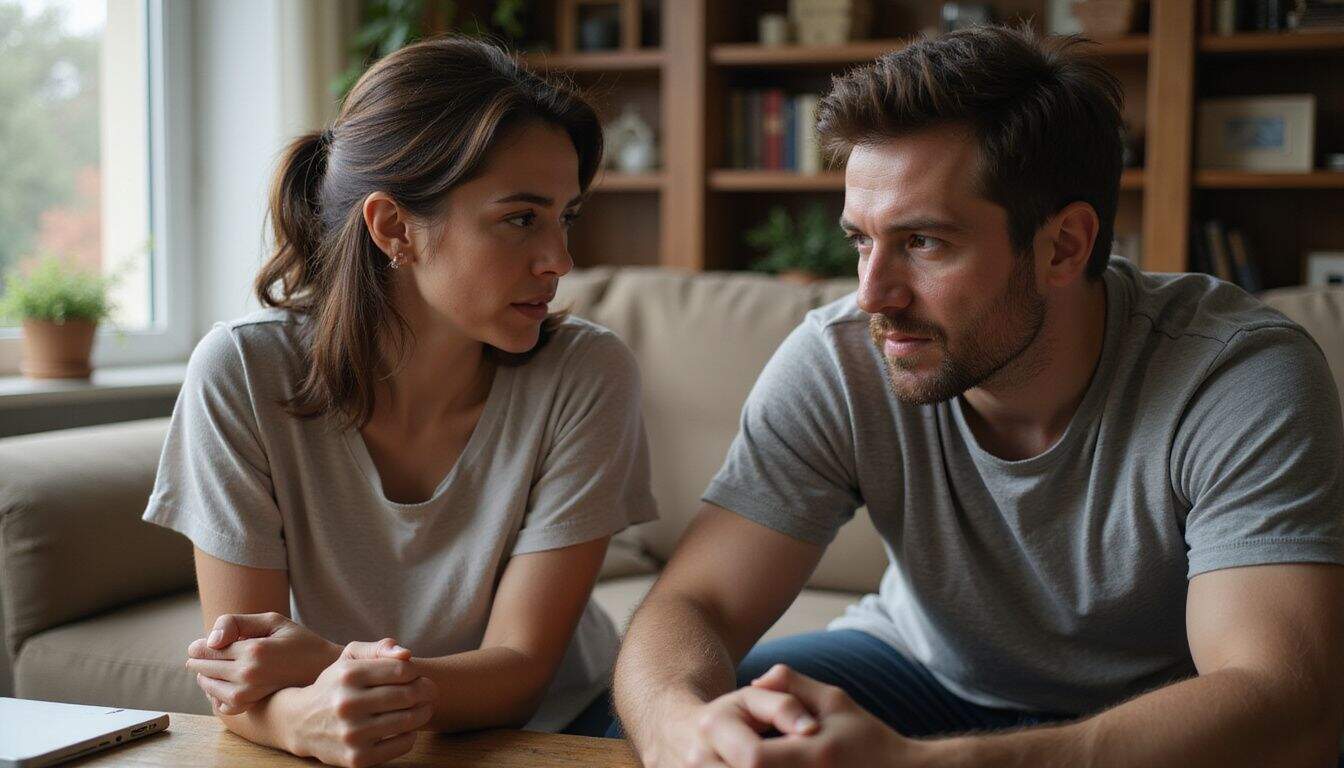 A couple in their 30s confronts each other in a tense moment during a difficult conversation at home. A couple in their 30s confronts each other in a tense moment during a difficult conversation at home.