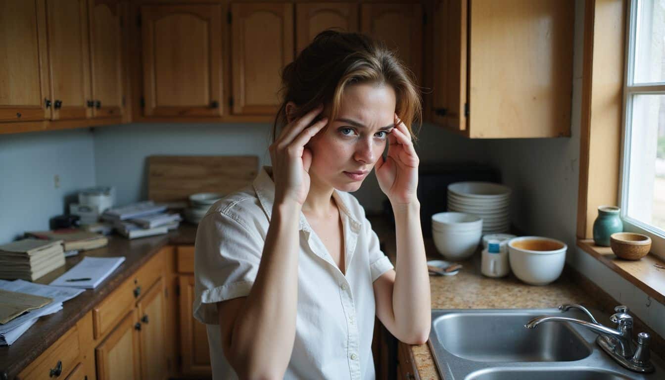 A weary woman in a cluttered kitchen expresses deep frustration and exhaustion through tears on her flushed cheeks. A weary woman in a cluttered kitchen expresses deep frustration and exhaustion through tears on her flushed cheeks.