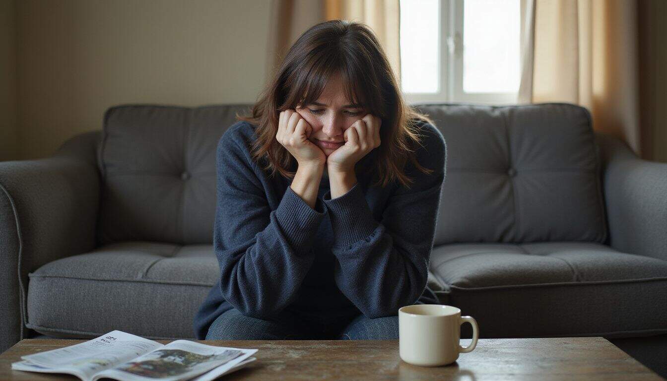 A woman in casual attire displays palpable sadness and anxiety while seated alone on a worn couch in her living room. A woman in casual attire displays palpable sadness and anxiety while seated alone on a worn couch in her living room.