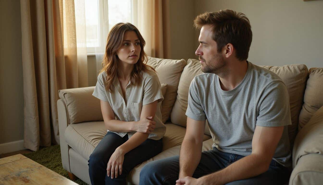A tense couple sits at opposite ends of a worn couch, conveying an emotional distance in their body language. A tense couple sits at opposite ends of a worn couch, conveying an emotional distance in their body language.