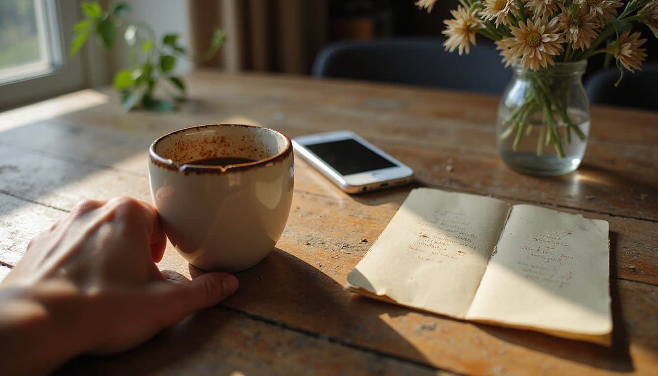 A cluttered kitchen table displays a chipped mug, wilted flowers, an anniversary card, and a smartphone, suggesting quiet introspection. A cluttered kitchen table displays a chipped mug, wilted flowers, an anniversary card, and a smartphone, suggesting quiet introspection.