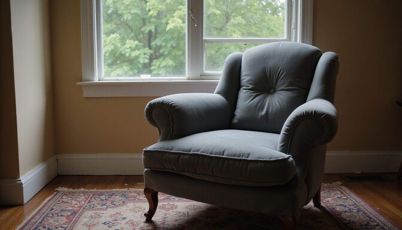 A cozy, lived-in living room features a plush armchair on a Persian rug, evoking a sense of serene solitude. A cozy, lived-in living room features a plush armchair on a Persian rug, evoking a sense of serene solitude.