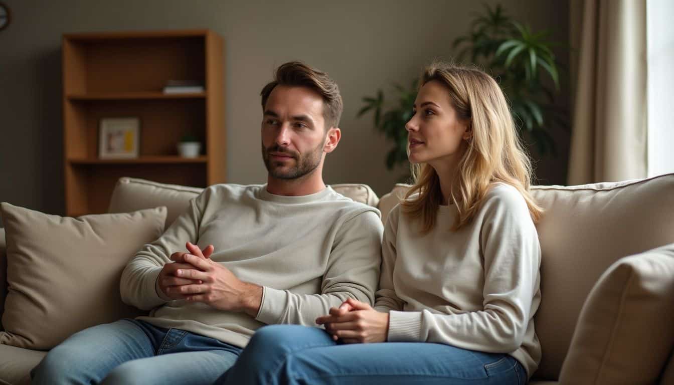 A couple engages in a thoughtful conversation on a cozy couch, surrounded by a warm, inviting living room atmosphere. A couple engages in a thoughtful conversation on a cozy couch, surrounded by a warm, inviting living room atmosphere.