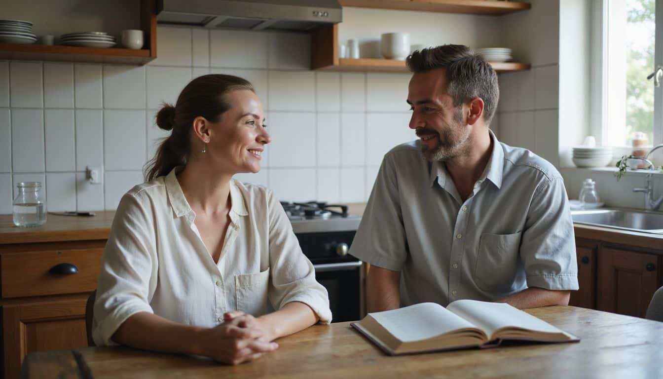 A middle-aged couple shares a warm, intimate conversation at a rustic kitchen table amid everyday clutter. A middle-aged couple shares a warm, intimate conversation at a rustic kitchen table amid everyday clutter.