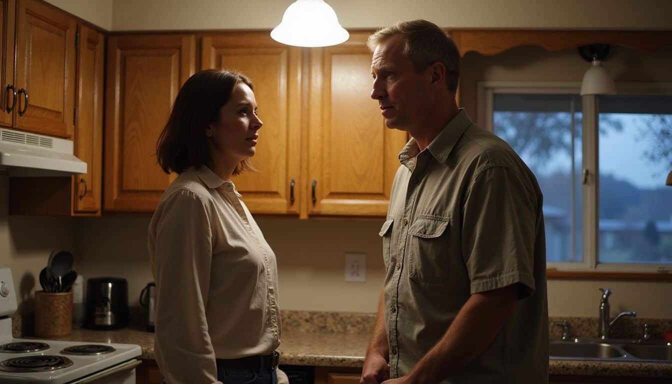A middle-aged man and woman face each other in a kitchen, displaying strained expressions during a tense conversation. A middle-aged man and woman face each other in a kitchen, displaying strained expressions during a tense conversation.
