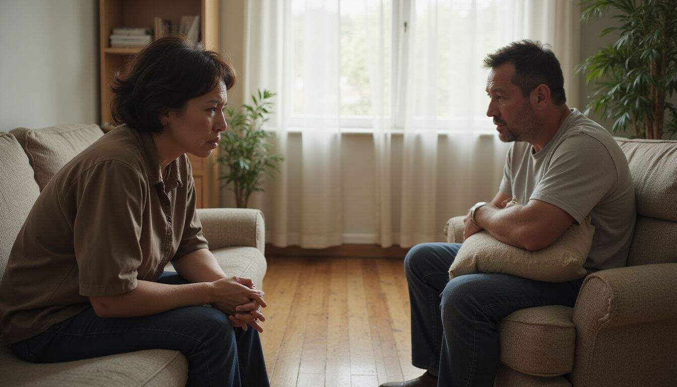 A middle-aged couple sits in a living room, visibly tense and frustrated during a conversation. A middle-aged couple sits in a living room, visibly tense and frustrated during a conversation.