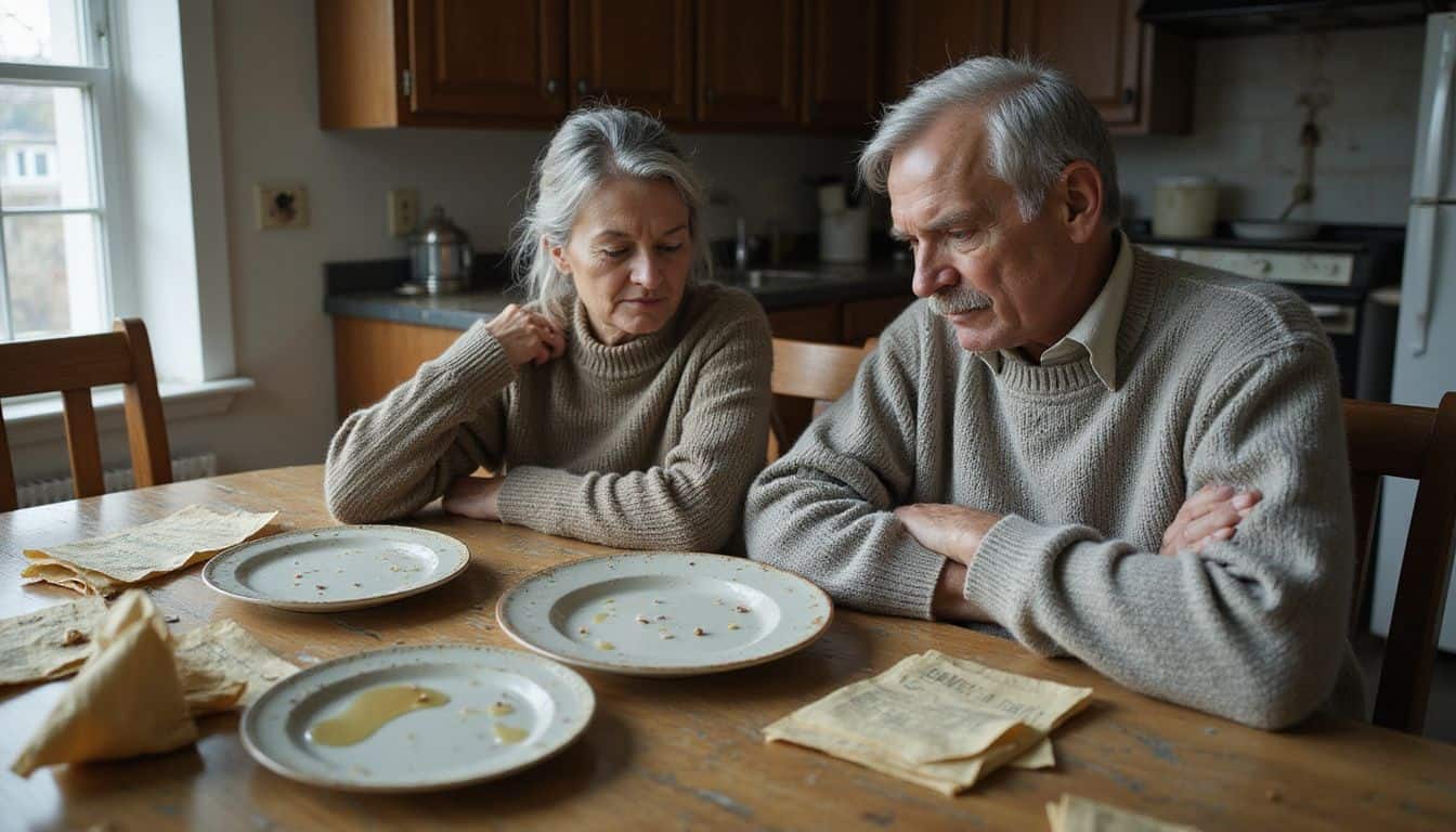 An older couple sits at a cluttered table, visibly tense amidst remnants of a meal and unpaid bills. An older couple sits at a cluttered table, visibly tense amidst remnants of a meal and unpaid bills.