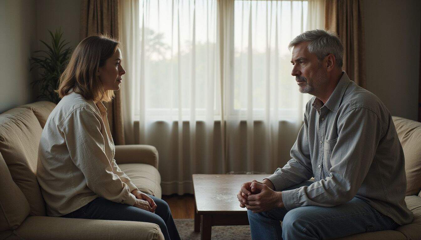 A tense middle-aged couple sits apart on a sofa, unable to meet each other's gaze, highlighting their emotional distance. A tense middle-aged couple sits apart on a sofa, unable to meet each other's gaze, highlighting their emotional distance.