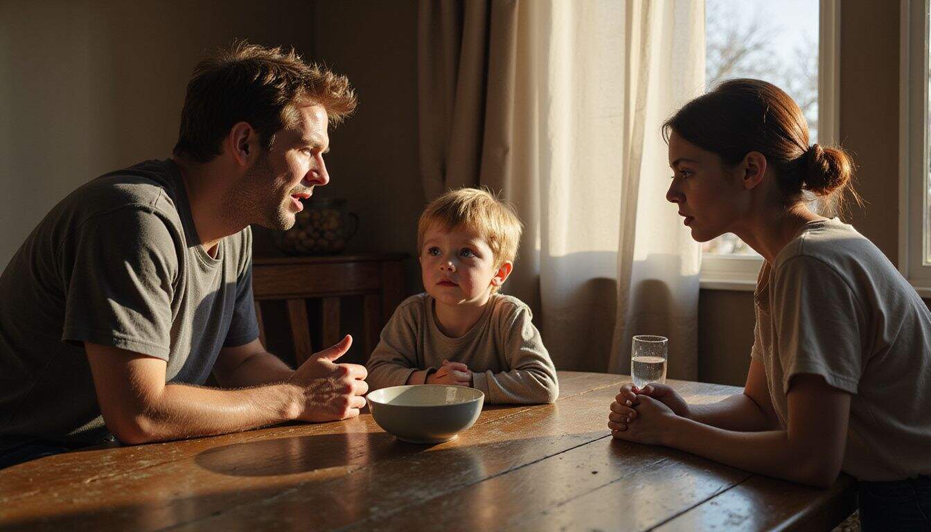 A family dinner scene captures a tense moment between a father, son, and mother at their worn wooden table. A family dinner scene captures a tense moment between a father, son, and mother at their worn wooden table.