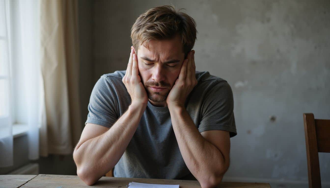 A distressed man in a faded t-shirt sits alone, pressing his fingers to his ears in anguish. A distressed man in a faded t-shirt sits alone, pressing his fingers to his ears in anguish.