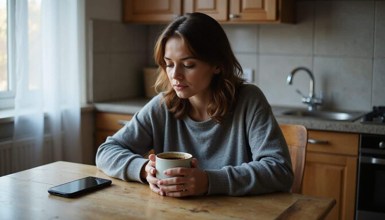 A woman in a gray sweater sits at a kitchen table, appearing frustrated and contemplative while holding a cracked mug. A woman in a gray sweater sits at a kitchen table, appearing frustrated and contemplative while holding a cracked mug.