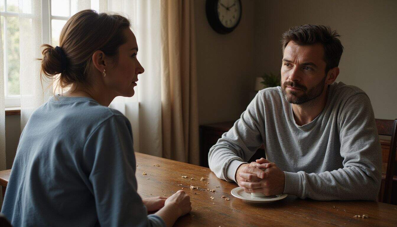 A middle-aged couple sits at a dining table, expressing emotional distance through their body language and posture. A middle-aged couple sits at a dining table, expressing emotional distance through their body language and posture.