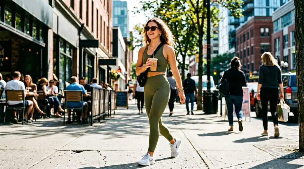 Woman in green yoga pants and tank top walking in downtown city, enjoying a sunny day with coffee, surrounded by pedestrians and urban buildings.