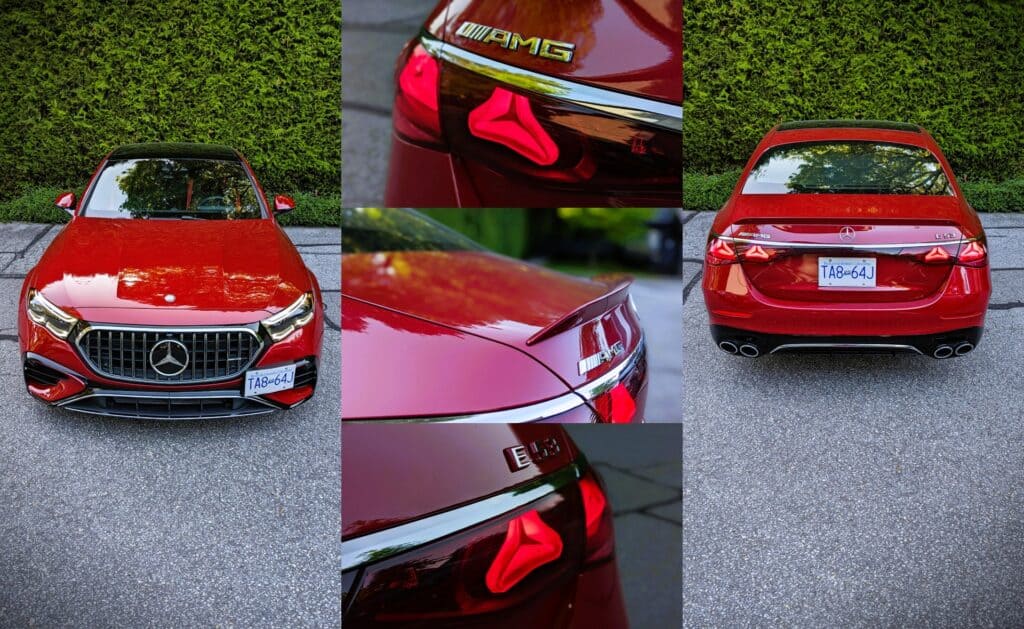 Luxurious red Mercedes-Benz E-Class coupe exterior, front view showing the grille, sleek taillights, AMG badge, and dual exhaust system, parked on a driveway with greenery background.
