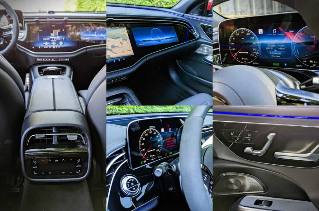 High-tech luxury car interior with digital dashboards, advanced climate controls, and ergonomic design, perfect for car enthusiasts and modern drivers.