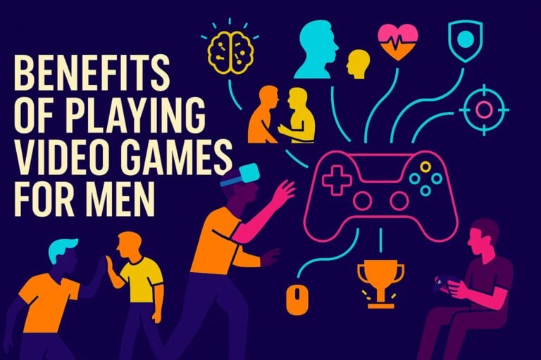Fast-paced gaming illustration for men's health benefits, showcasing the positive impact of video games on mental skills, coordination, and social interaction. Perfect for gaming and lifestyle content.