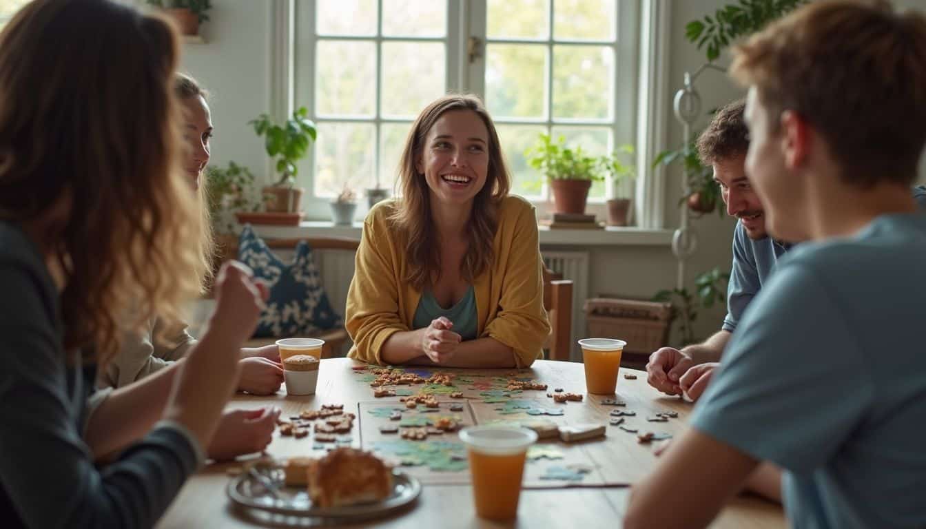 Friends gathering playing board game, socializing, indoor casual hangout, smiling people, leisure activity, upbeat atmosphere, young adults enjoying time together, sunny room with potted plants, community and friendship, casual lifestyle.
