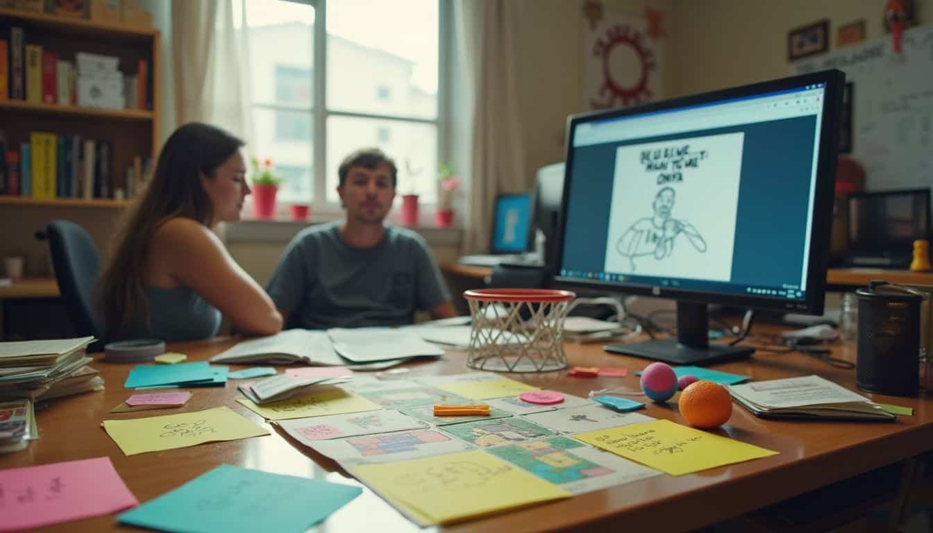 Brainstorming creative project planning team collaboration workspace computer desk with colorful notes and sketches for design ideas.